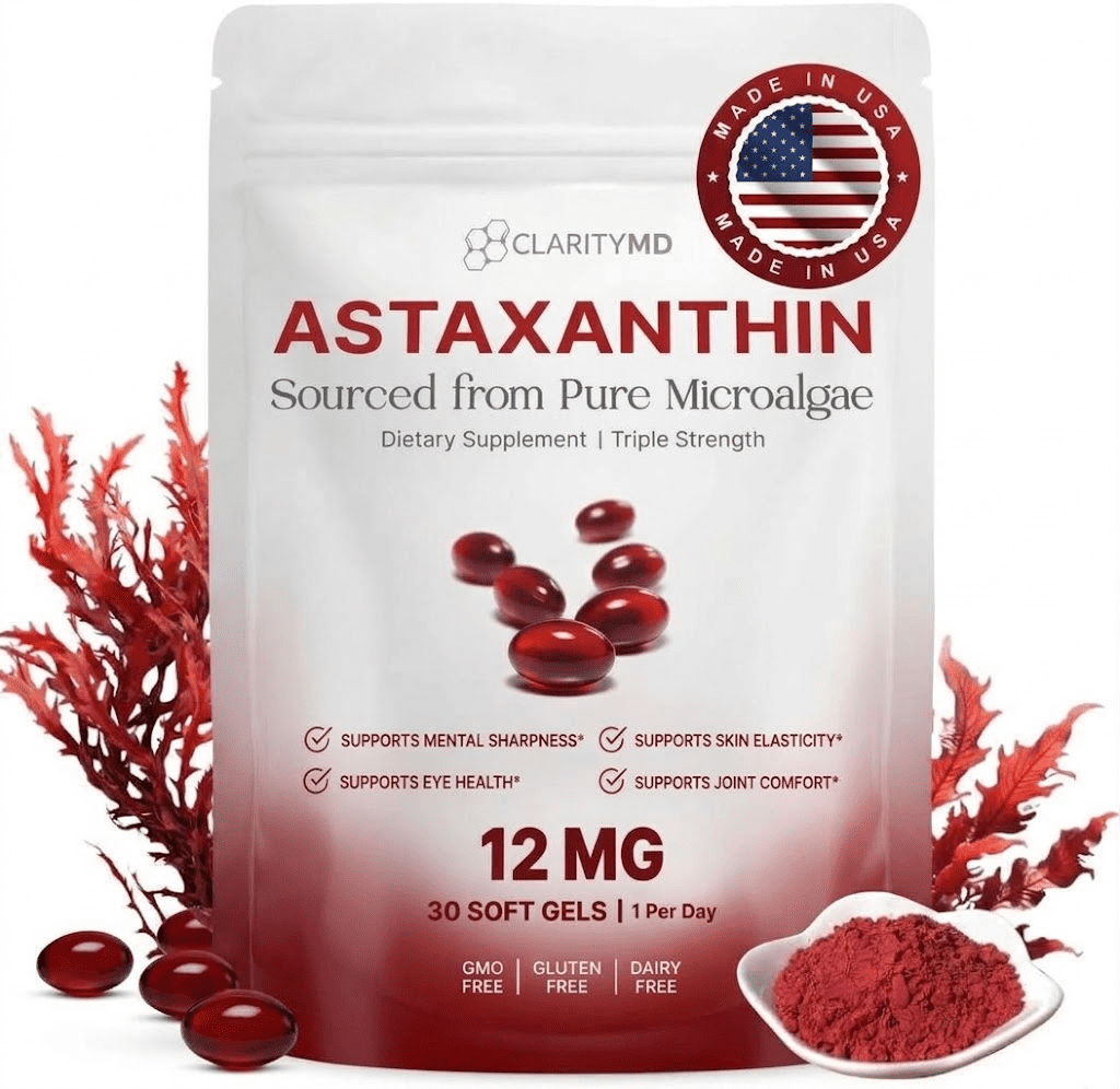 ClarityMD Astaxanthin 12mg Antioxidants Supplement  Natural Microalgae Source  Lipid-Based Softgel for Enhanced Absorption  Cognitive, Vision & Joint Support  30 Softgels (Pack of 1)