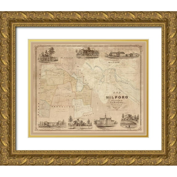 Clark 14x12 Gold Ornate Wood Framed with Double Matting Museum Art Print Titled - Milford New Hampshire - Clark 1854