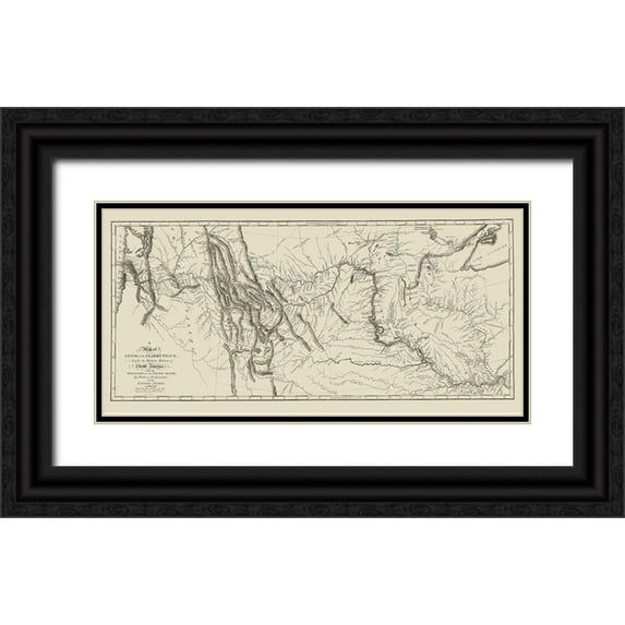 Clark 24x14 Black Ornate Wood Framed with Double Matting Museum Art Print Titled - Lewis and Clark Track Across North America