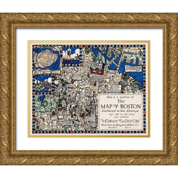 Clark, Blake Everett 32x26 Gold Ornate Wood Framed with Double Matting Museum Art Print Titled - Section of the Map of Boston