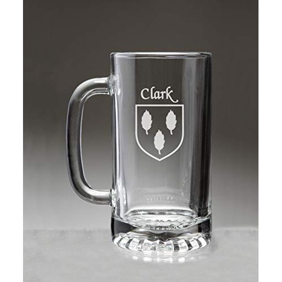 Clark Irish Coat of Arms Glass Beer Mug (Sand Etched)