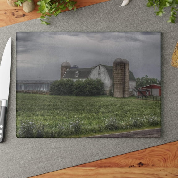 U R There Photography Clark Road White II Rustic Farmhouse Tempered-Glass Cutting Board 11"x 15"
