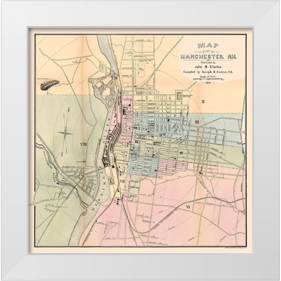 Clarke 20x20 White Modern Wood Framed Museum Art Print Titled - Manchester New Hampshire - Clarke 1879