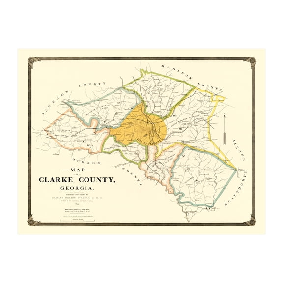 Clarke County Georgia Art, 1893 Vintage Map of Clarke County GA History Wall Decor Gift, Old Clarke County GA Map - 36" x 24" Unframed Print