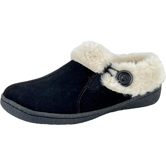 Clarks Black Suede Leather Faux Fur Lined Comfortable Round Toe Ankle Slippers (Black, 6)