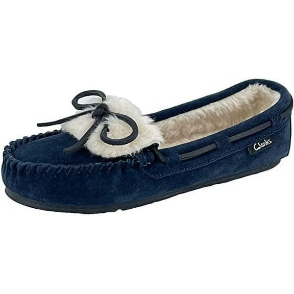 Clarks Holly Folded Tongue Moccasin Slipper Indoor Outdoor House Slippers Navy (Navy Fur Vamp, 11)