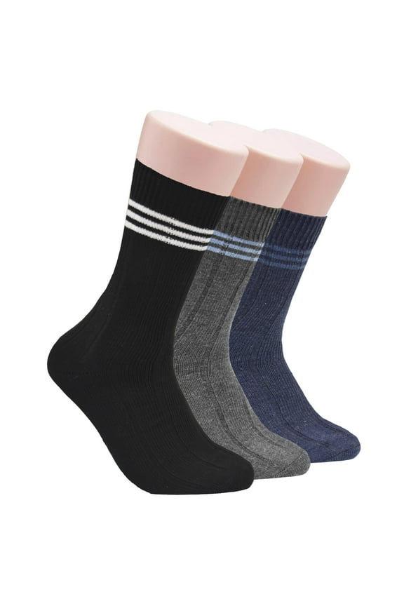 Men's Casual Striped Crew Socks with Wide Rib 3 Pair, Navy/Black/Charcoal, Men's 7-12 Shoe