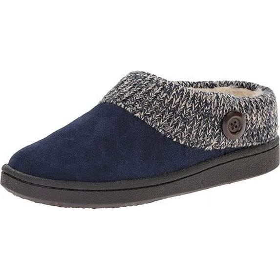 Clarks Womens Slipper Suede Leather Knitted Collar Clog Slippers - Plush Faux Fur Lining (Blue Premium Suede, 8)