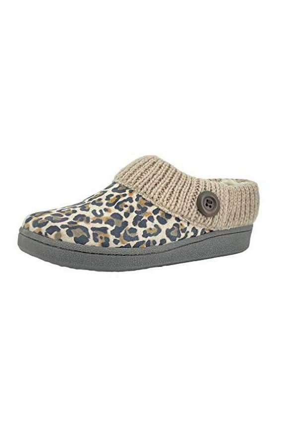 Suede Tan Brown Leopard Knitted Collar Clog Plush Fur Lining Slippers (Tan Brown Leopard, 6)