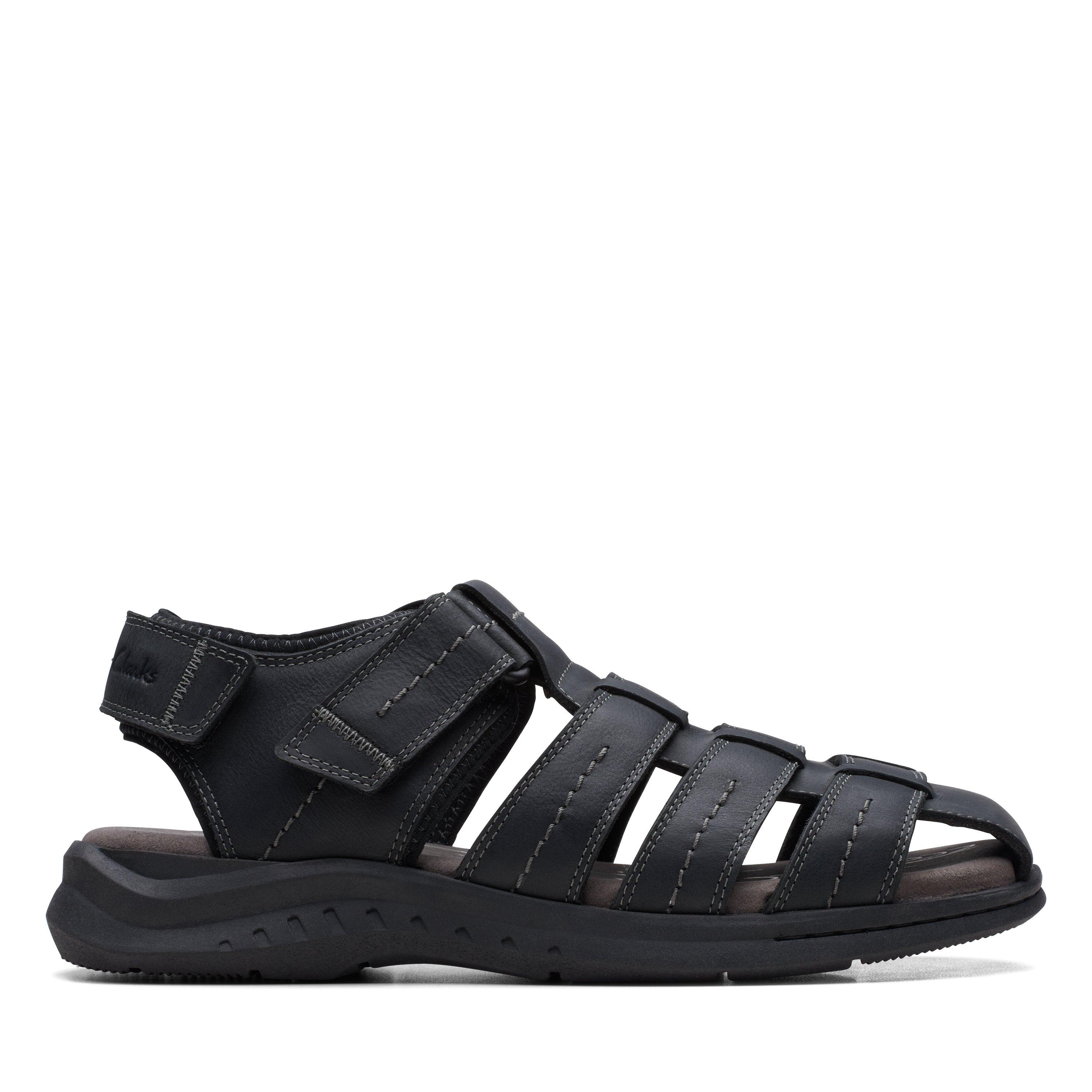 Clarks Men's Walkford Fish Sandals - Black Leather Adjustable Straps With Cushioned Footbed & Slip-Resistant Sole