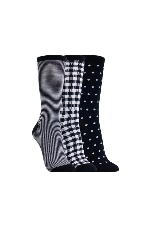 Women's Checkered Crew Socks 3 Pair, Black/Noir, Women's 4-10 Shoe