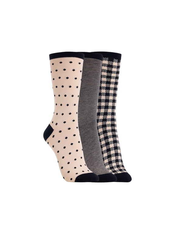 Women's Checkered Crew Socks 3 Pair, Khaki, Women's 4-10 Shoe