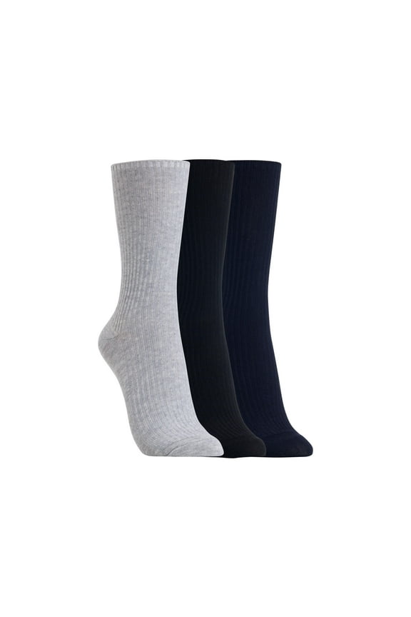 Women's Ribbed Crew Socks 3 Pair, Navy/Lt Grey/Dk Grey, Women's 4-10 Shoe