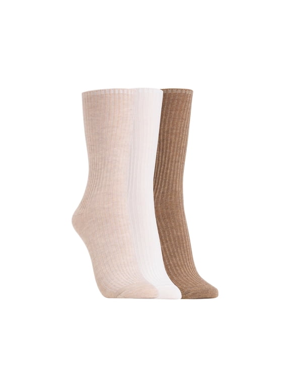 Women's Ribbed Crew Socks 3 Pair, Oatmeal/Ivory/Tan, Women's 4-10 Shoe