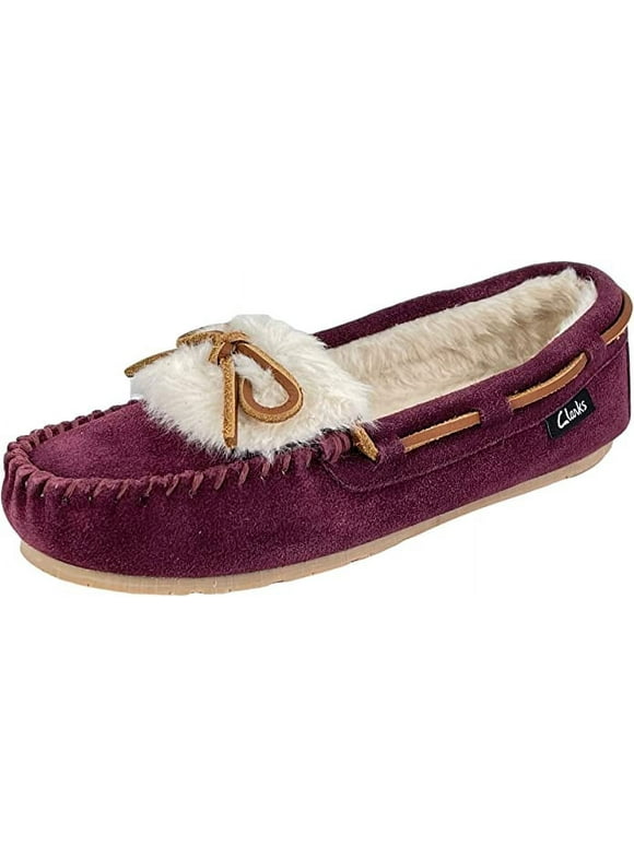 Clarks Women's Suede Moc Indoor and Outdoor Slip On Squared Toe Casual Slippers (Burgundy Fur Vamp, 11)