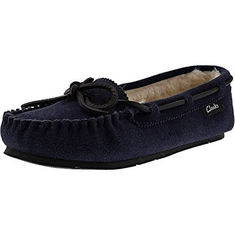 Clarks Women s Suede Moccasin Indoor and Outdoor Squared Toe Slip On Slippers Navy Premium Suede 7