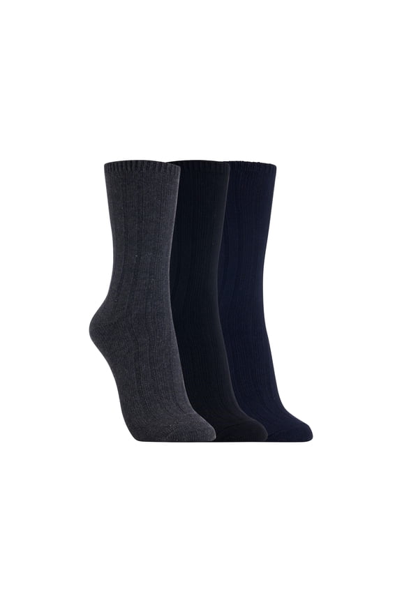 Women's Wide Rib Crew Socks 3 Pair, Navy/Charcoal/Black, Women's 4-10 Shoe