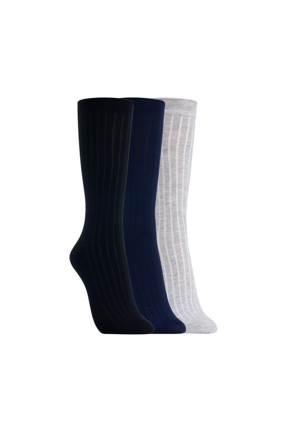 Women's Wide Rib Roll Top Crew Socks 3 Pair,Lt H.Grey/Navy Black, Women's 4-10 Shoe