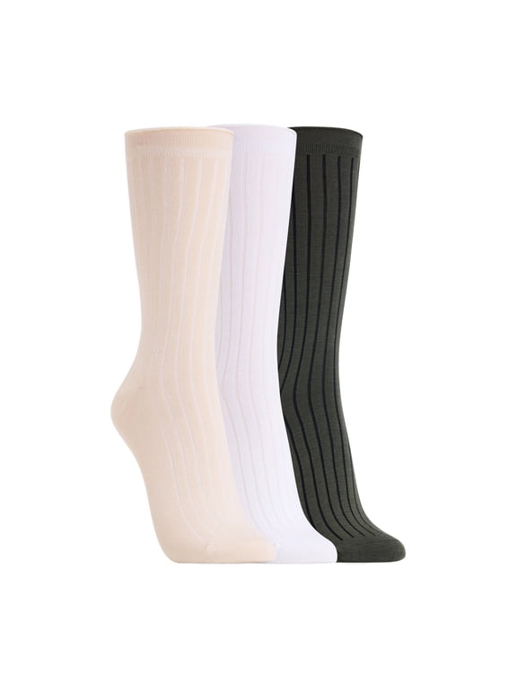 Women's Wide Rib Roll Top Crew Socks 3 Pair,White/Ivory/Olive, Women's 4-10 Shoe