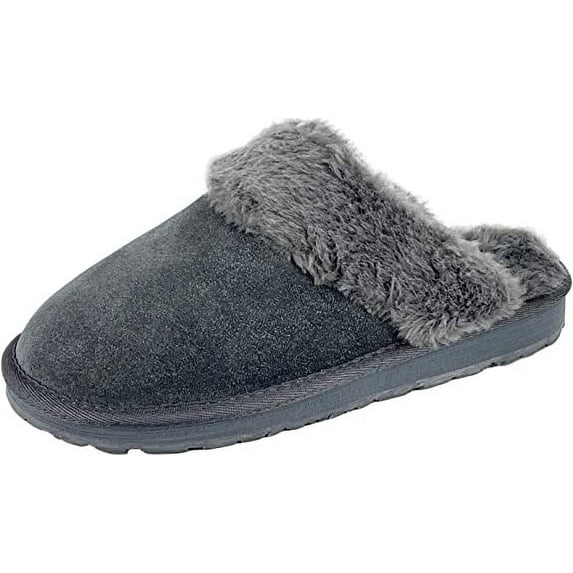 Clarks Womens Open Back Suede Leather Comfort Clog Slipper JMS0583C - Plush Faux Fur Trim - Indoor Outdoor House Slippers For Women (Grey Premium Suede, 10)