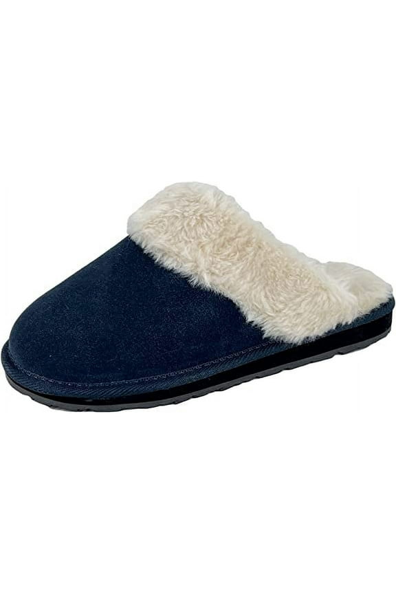 Womens Open Back Suede Leather Comfort Clog Slipper JMS0583C - Plush Faux Fur Trim - Indoor Outdoor House Slippers For Women (Navy Premium Suede, 6)