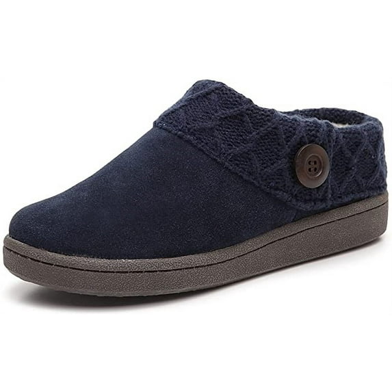 Clarks Womens Slipper Suede Leather Knitted Collar Clog Slippers - Plush Faux Fur Lining (All Navy Blue, 8)