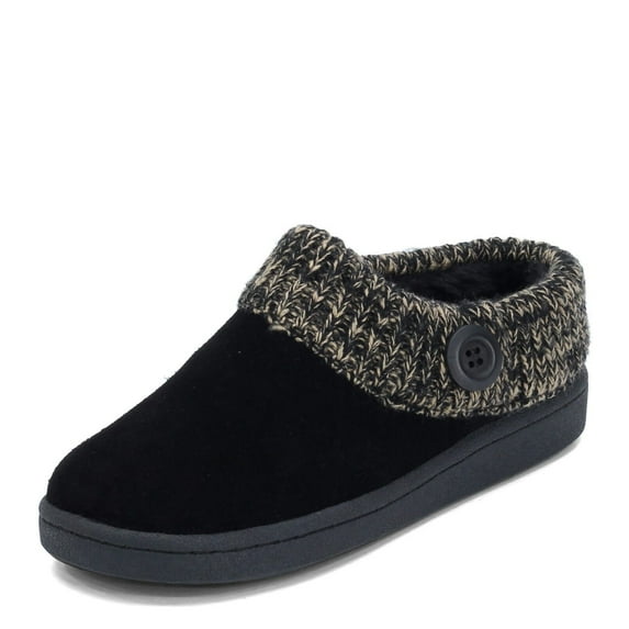 Clarks Womens Slipper Suede Leather Knitted Collar Clog Slippers - Plush Faux Fur Lining (Black Premium Suede/Shearling, 6)
