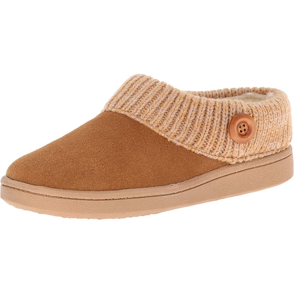 Clarks Womens Slipper Suede Leather Knitted Collar Clog Slippers - Plush Faux Fur Lining (Cinnamon Premium Suede/Fur, 8)