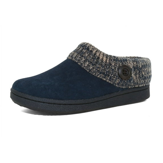 Clarks Womens Slipper Suede Leather Knitted Collar Clog Slippers - Plush Faux Fur Lining (Premium Suede Navy, 8)