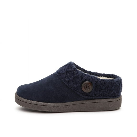 Clarks Womens Suede Leather Comfort Clog Knitted Collar Slipper - Plush Faux Fur Trim - Indoor Outdoor House Slippers For Women (All Navy Blue, 10)