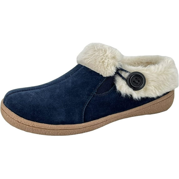 Clarks Womens Suede Leather Slipper with Gore and Bungee JMH2213 - Warm Plush Faux Fur Lining - Indoor Outdoor House Slippers For Women 11 M US, Navy