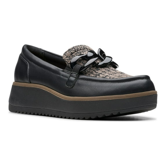 Clarks® Zylah May Women's Leather Slip-On Shoes Color: Black Combi Textile Size: 10
