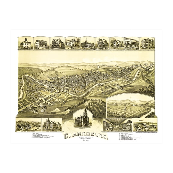 Clarksburg Art, 1898 Vintage Map of Clarksburg West Virginia, WV History Wall Decor Gift, Old Clarksburg Map - 24" x 18" Unframed Print