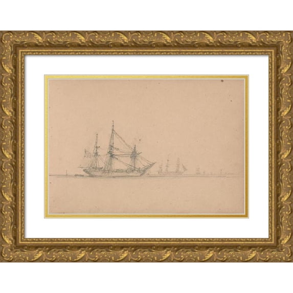 Clarkson Stanfield 14x11 Gold Ornate Wood Frame and Double Matted Museum Art Print Titled - Sketch of a Ship with Ships in the Distance (1863)
