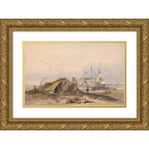 Clarkson Stanfield 18x13 Gold Ornate Wood Frame and Double Matted Museum Art Print Titled - The Blockade Station, Rye