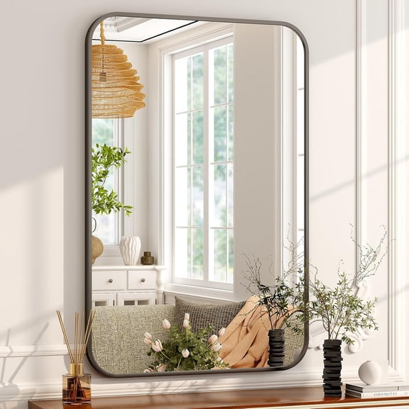 Clarvion 20"x28" Rounded Edge Rectangle Bathroom Mirror Wall Mounted Vanity Mirror,Black