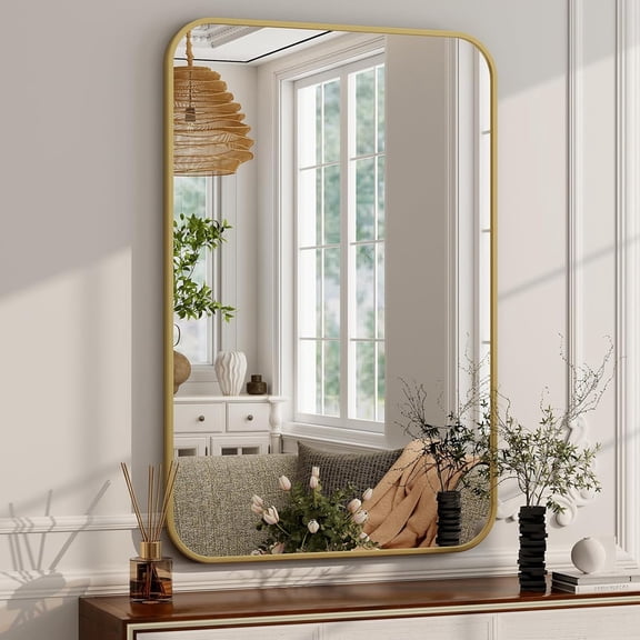 Clarvion 20"x28" Rounded Edge Rectangle Bathroom Mirror Wall Mounted Vanity Mirror,Gold