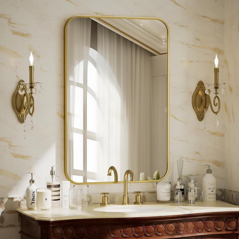 Clarvion 24"x36" Rounded Edge Rectangle Bathroom Mirror Wall Mounted Vanity Mirror,Gold