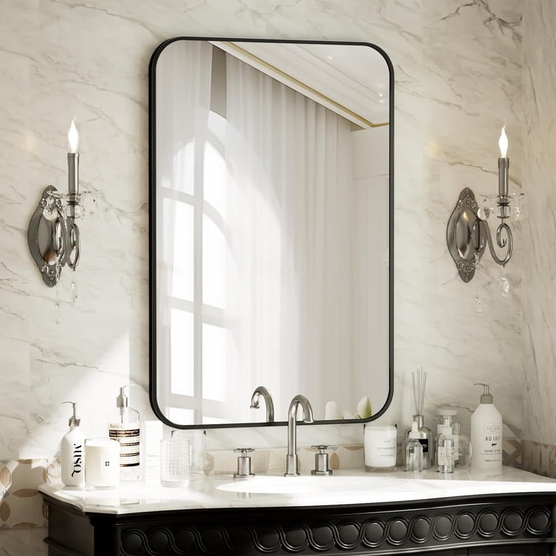 Clarvion 26"x38" Rounded Edge Rectangle Bathroom Mirror Wall Mounted Vanity Mirror,Black