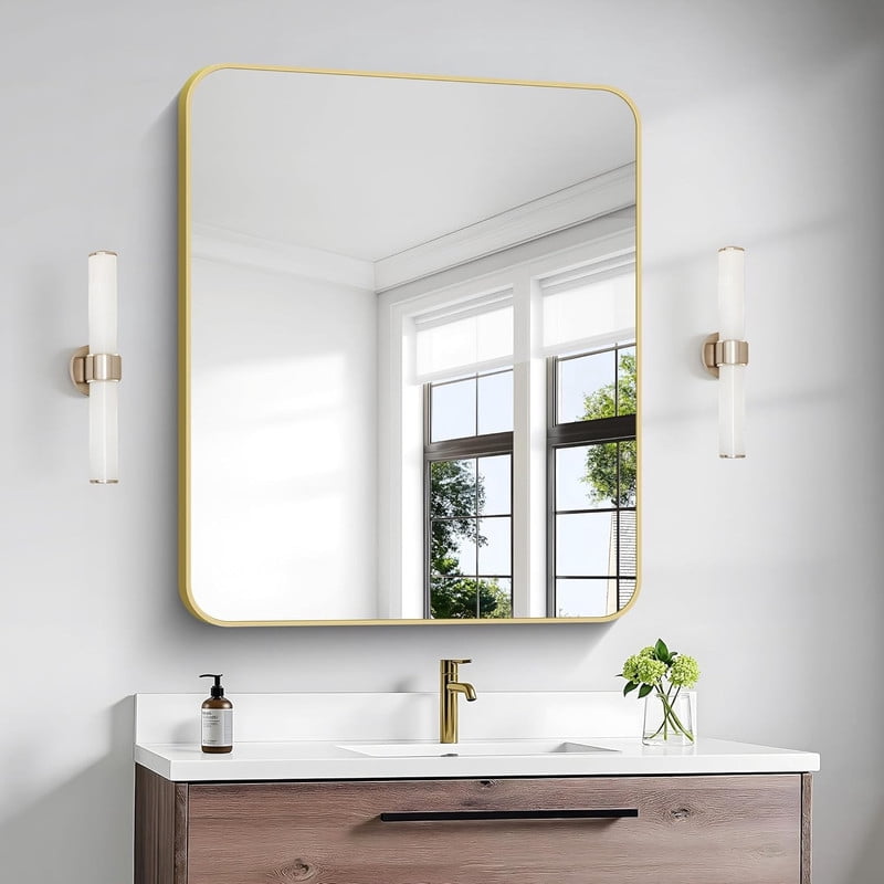Clarvion 30"x40" Rounded Edge Rectangle Bathroom Mirror Wall Mounted Vanity Mirror,Gold