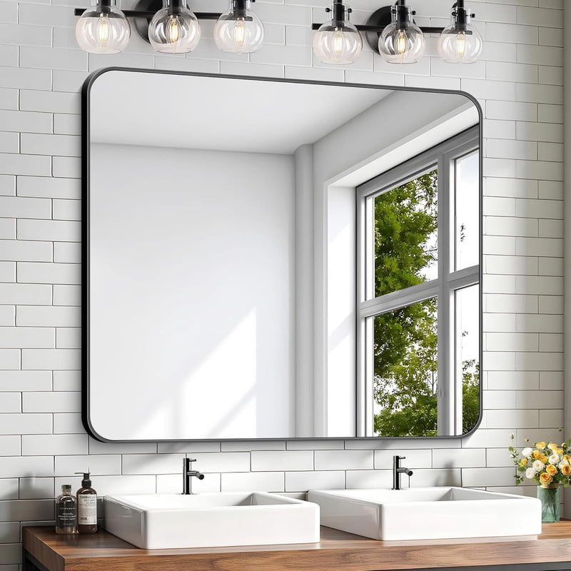 Clarvion 40"x32" Rounded Edge Rectangle Bathroom Mirror Wall Mounted Vanity Mirror,Black