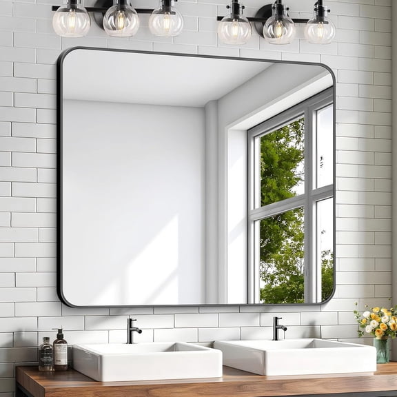 Clarvion 40"x32" Rounded Edge Rectangle Bathroom Mirror Wall Mounted Vanity Mirror,Black