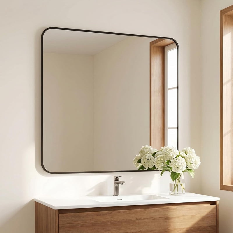 Clarvion 39"x39" Rounded Edge Rectangle Bathroom Mirror Wall Mounted Vanity Mirror,Black