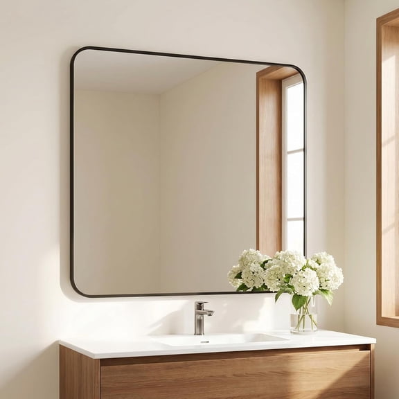 Clarvion 39"x39" Rounded Edge Rectangle Bathroom Mirror Wall Mounted Vanity Mirror,Black