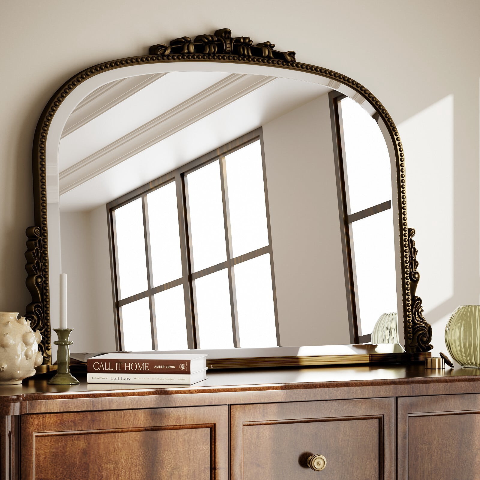 Clarvion 36"x27" Vintage Bathroom Mirror Arched Decorative Wall Mirror, Antique Bronze