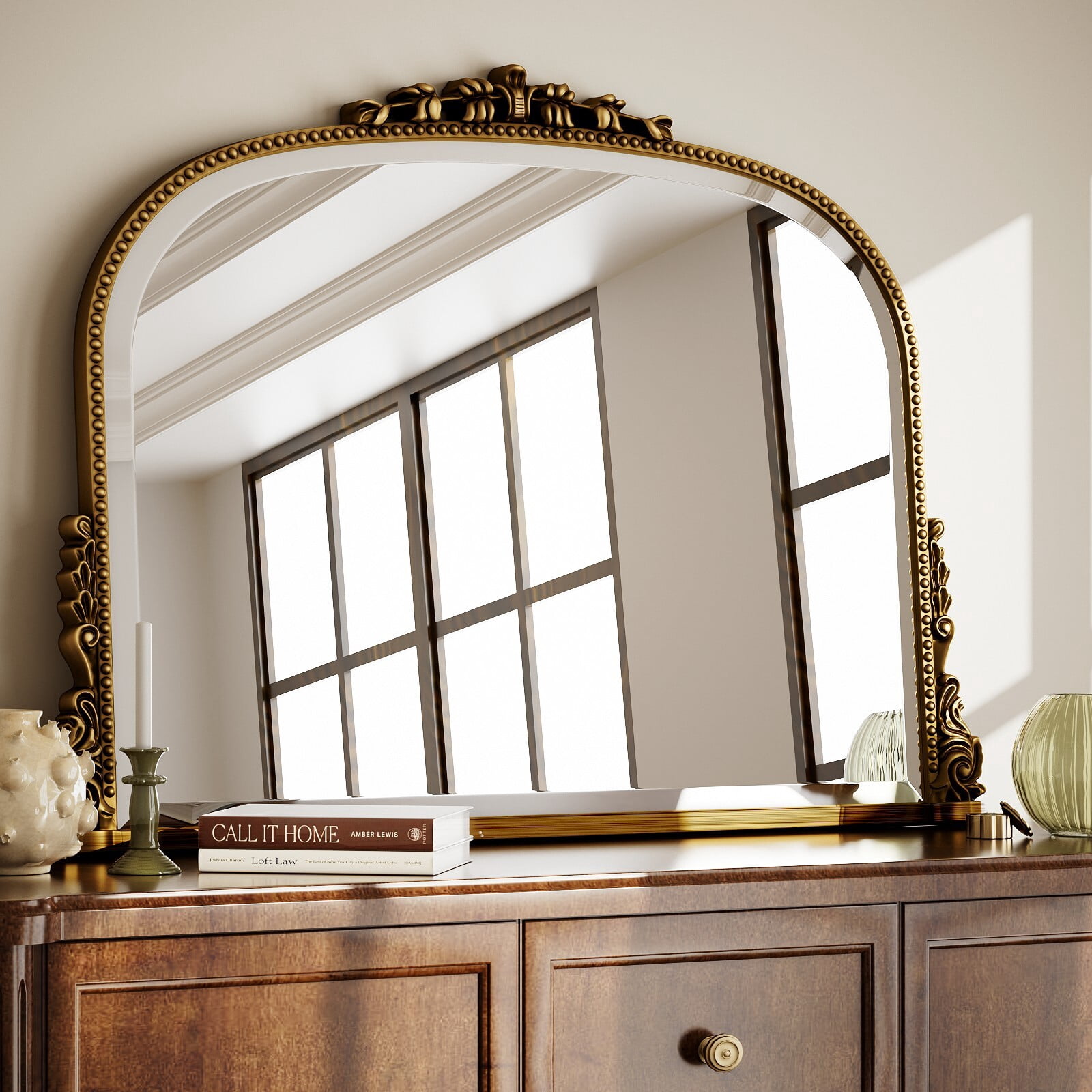 Clarvion 36"x27" Vintage Bathroom Mirror Arched Decorative Wall Mirror, Antique Gold
