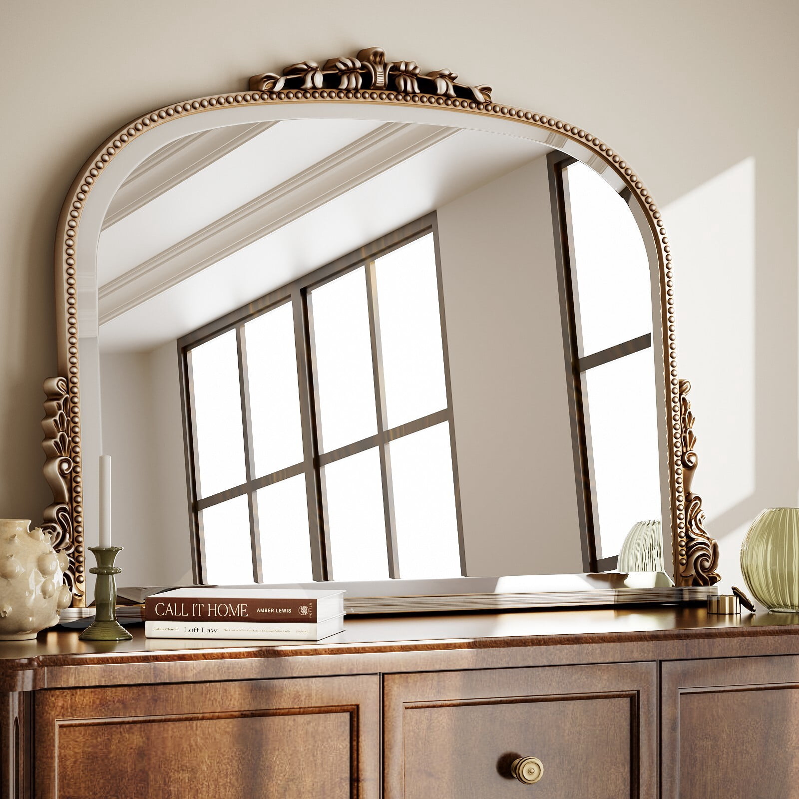 Clarvion 36"x27" Vintage Bathroom Mirror Arched Decorative Wall Mirror, Antique Silver