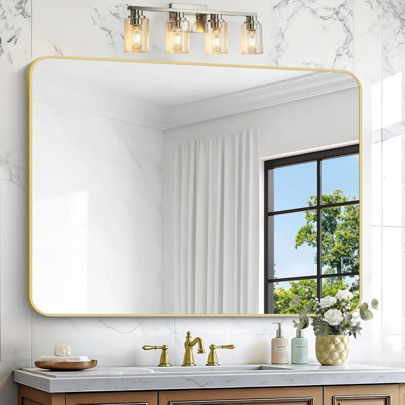 Clarvion 36"x48" Rounded Edge Rectangle Bathroom Mirror Wall Mounted Vanity Mirror,Gold