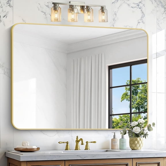 Clarvion 36"x48" Rounded Edge Rectangle Bathroom Mirror Wall Mounted Vanity Mirror,Gold