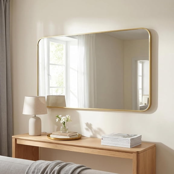 Clarvion 55"x30" Rounded Edge Rectangle Bathroom Mirror Wall Mounted Vanity Mirror,Gold